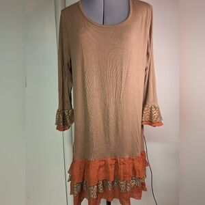Women's Tan and Orange Ruffle Midi Shift Dress. Size Large